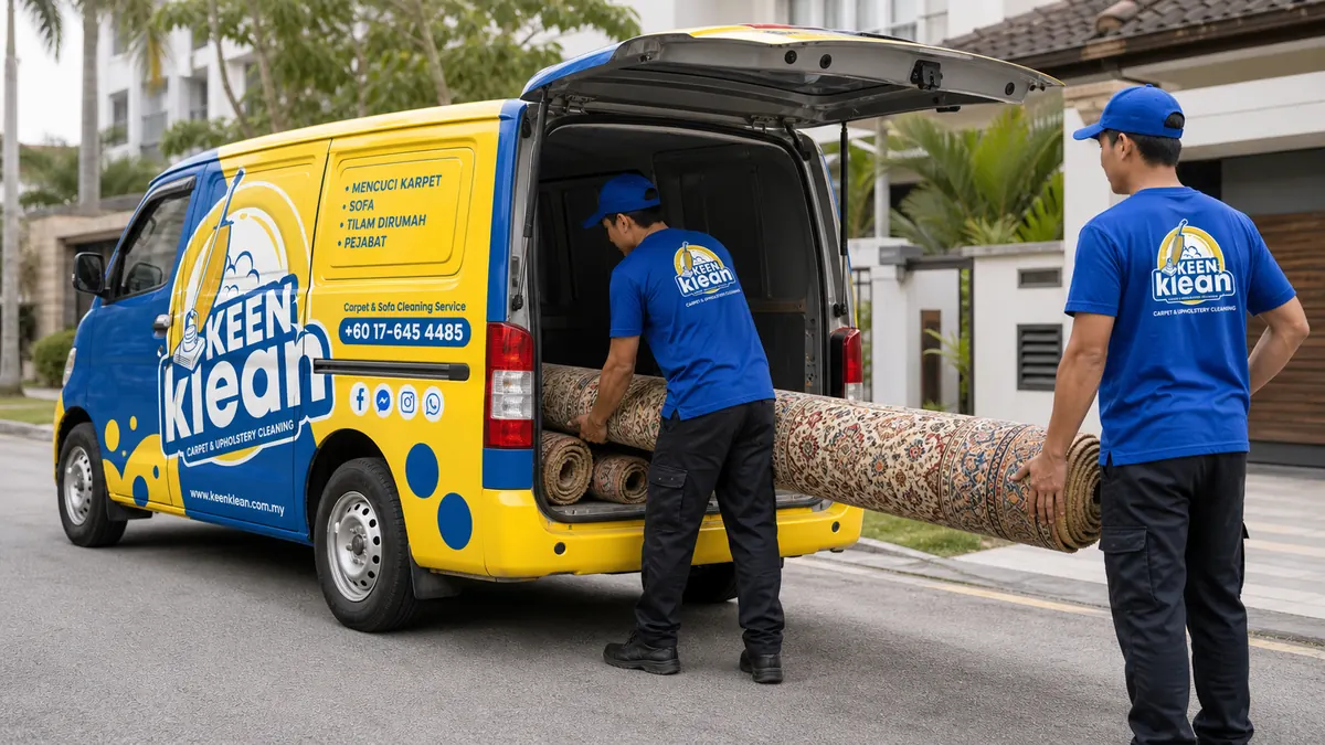 Keen Klean staff loading rolled Turkish carpet into branded Daihatsu Gran Max van